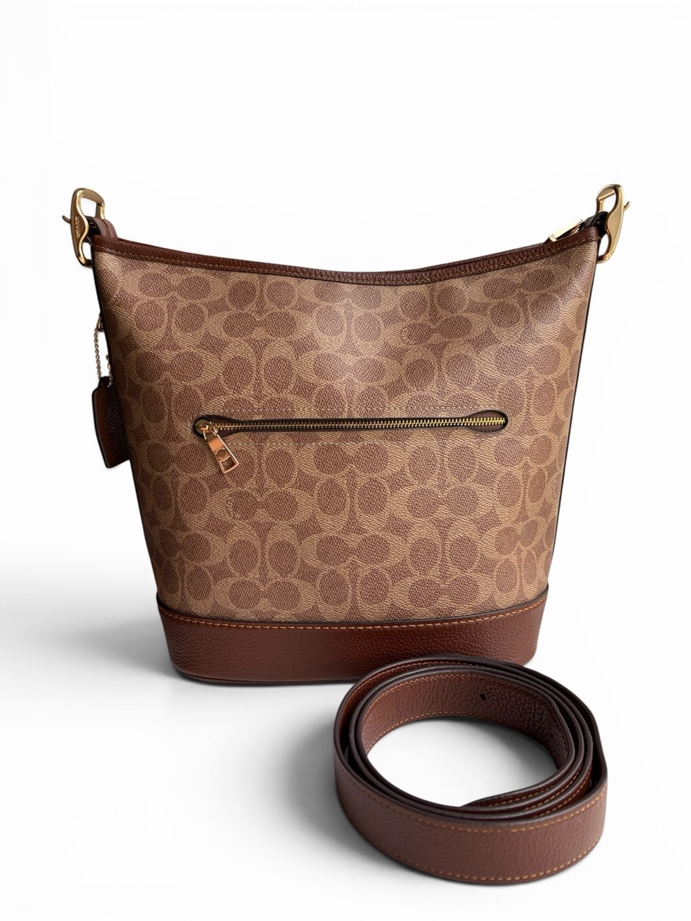 Coach Jude Duffle Bag Brown Signature Canvas Bucket Bag with Leather Trim - Picture 9 of 16